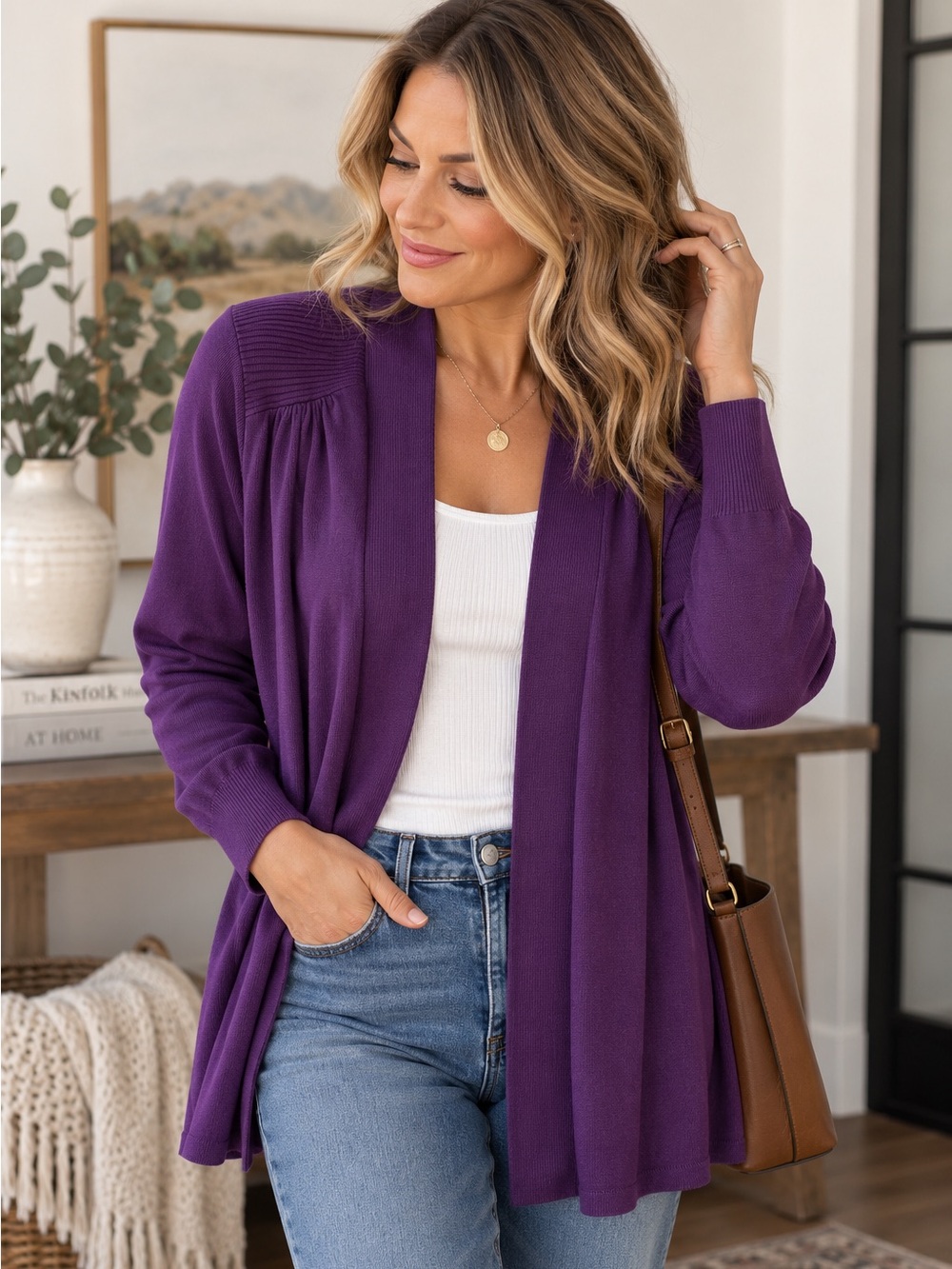 Cleo Petites Purple Cardigan | Open Front Knit | Draped Fit | Size S